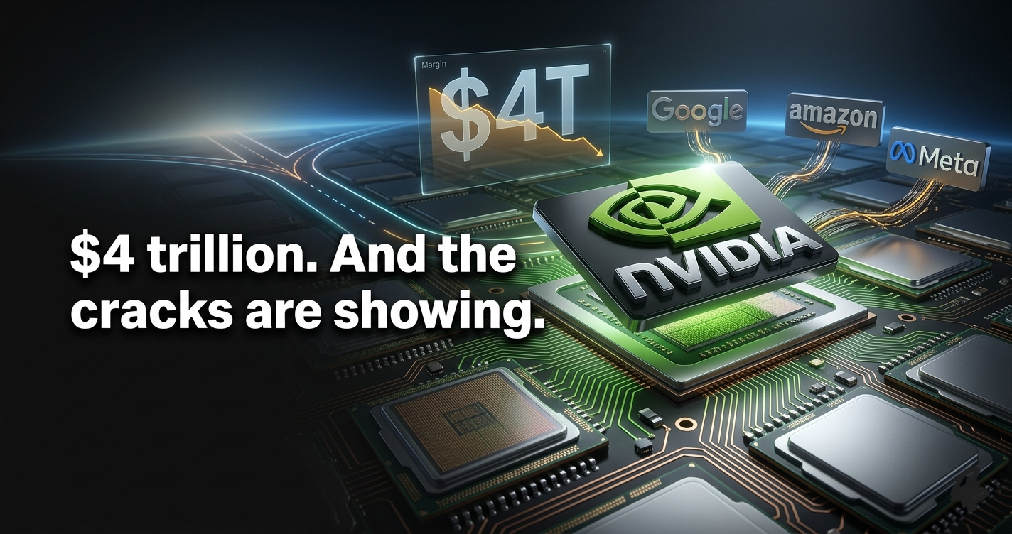 3D render of NVIDIA logo glowing green over a vast GPU chip array with fraying data connections to Google, Amazon and Meta logos