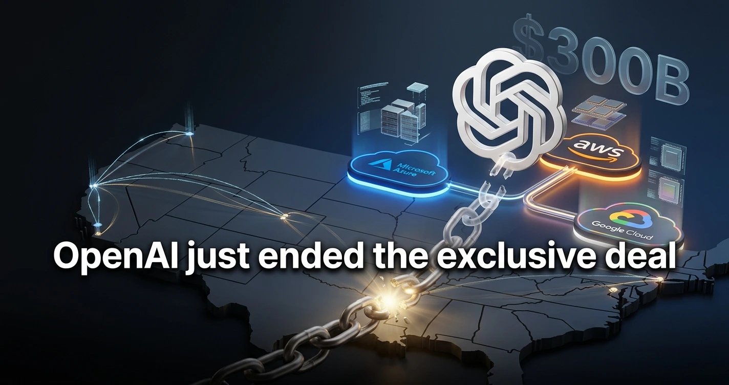 OpenAI logo above three cloud platforms — Azure, AWS, Google Cloud — representing the end of Microsoft exclusivity in 2026