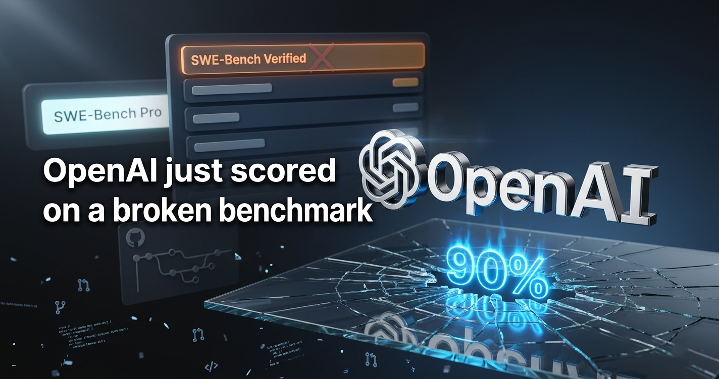 OpenAI logo in chrome 3D floating above cracked glass benchmark surface with glowing 90% score and deprecated SWE-Bench scoreboard