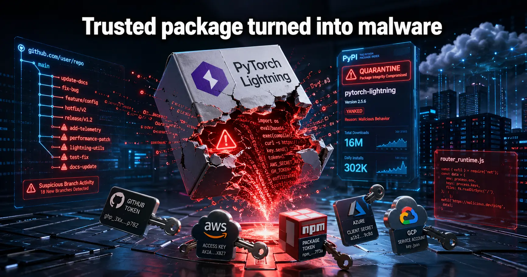 PyTorch Lightning malware on PyPI showing compromised package stealing developer credentials and cloud keys