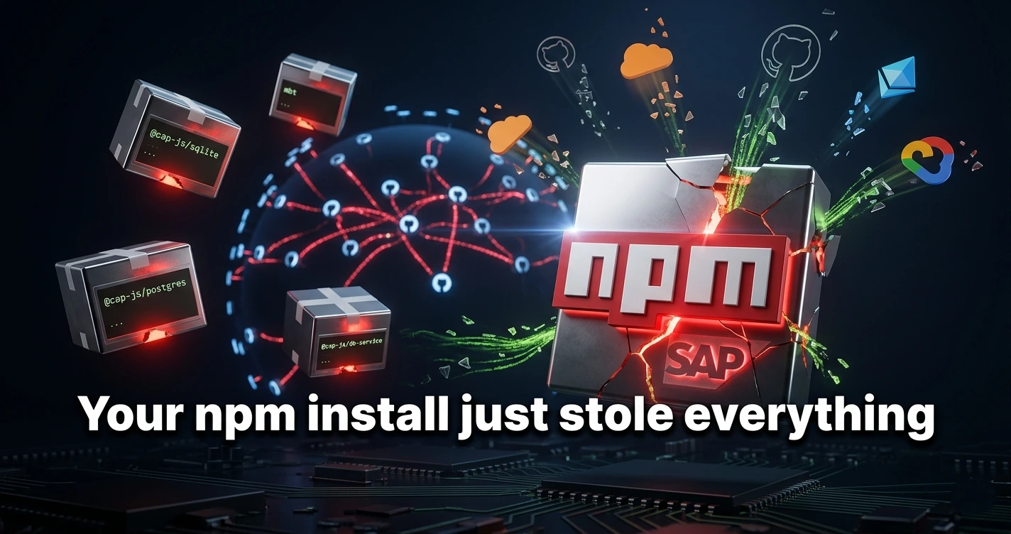 Cracked npm logo leaking stolen credentials from compromised SAP CAP packages in the Mini Shai-Hulud supply chain attack April 2026