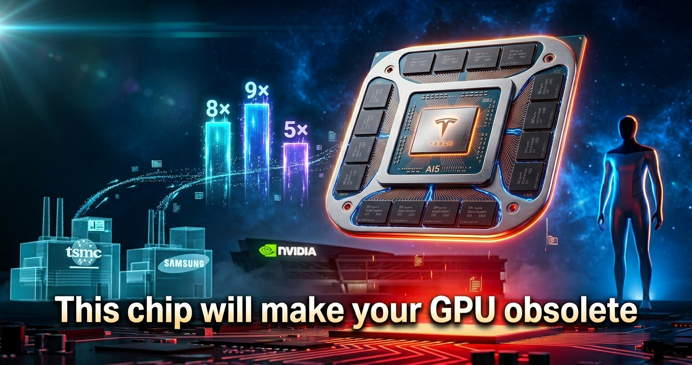 Tesla AI5 custom AI chip 3D render floating above circuit board with NVIDIA building receding in background and Optimus robot silhouette