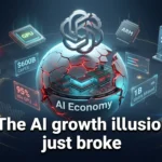 Cracked AI sphere with tech company chips and financial data visuals showing AI market stress