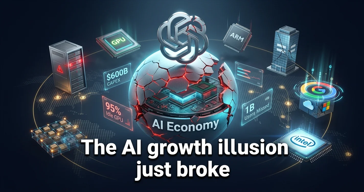 Cracked AI sphere with tech company chips and financial data visuals showing AI market stress