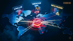 3D visualization of the LiteLLM-Mercor supply chain breach showing PyPI attack node radiating across a global world map with 4TB data exfiltration indicators and compromised AI infrastructure panels