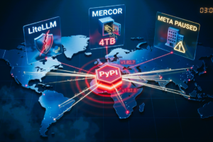 3D visualization of the LiteLLM-Mercor supply chain breach showing PyPI attack node radiating across a global world map with 4TB data exfiltration indicators and compromised AI infrastructure panels