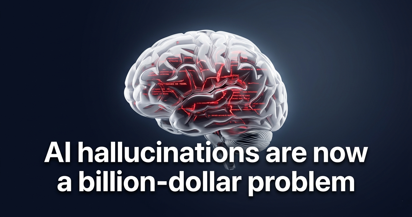 3D AI core with fractured data pathways symbolizing enterprise AI hallucination risks and unreliable outputs