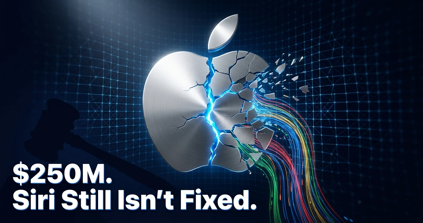 Fractured Apple logo splitting into Google Gemini data streams against deep navy background, symbolizing Apple's AI strategy overhaul in 2026