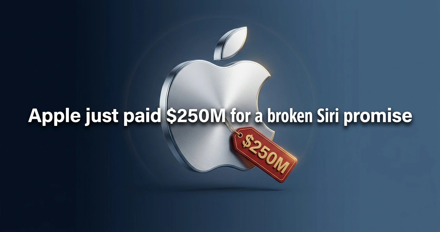 Apple logo with legal gavel and $250 million settlement text representing the Siri AI delay class-action lawsuit resolved in May 2026.