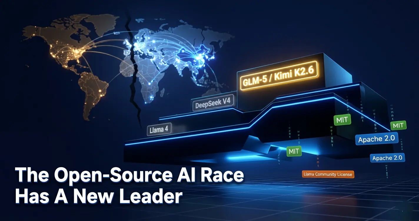 Ranked comparison chart of best open source AI models 2026 including DeepSeek V4, Llama 4, Kimi K2.6, Qwen 3.5, and Gemma 4 with benchmark scores
