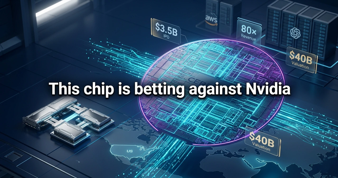 3D wafer-scale AI chip facing GPU cluster with IPO data overlays