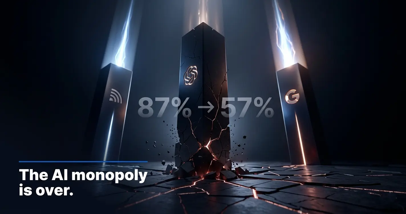 Three AI platform pillars representing ChatGPT, Claude, and Gemini with ChatGPT's dominance crumbling as rivals surge in 2026 market share data