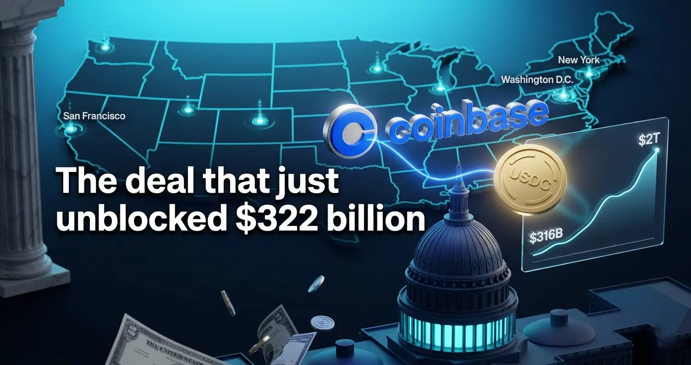 Coinbase logo and USDC gold coin connected by glowing light above U.S. Capitol dome with stablecoin market data chart