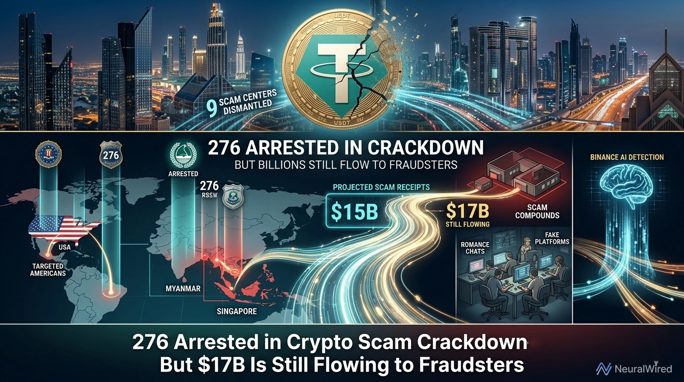Cracked crypto coin wrapped in razor wire above 3D Southeast Asia map with glowing red scam compound nodes and arrest badge fragments