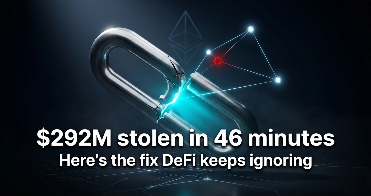 Cracked chrome chain link with cyan fracture light and three-node DVN triangle, representing DeFi bridge security vulnerability