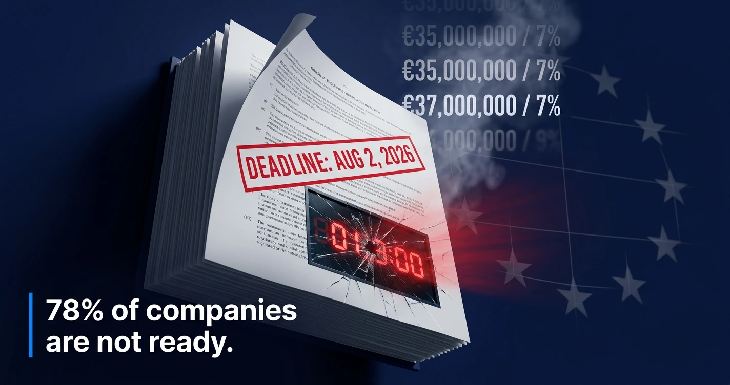 EU AI Act compliance deadline countdown showing August 2026 enforcement date with €35 million fine warning for non-compliant AI systems