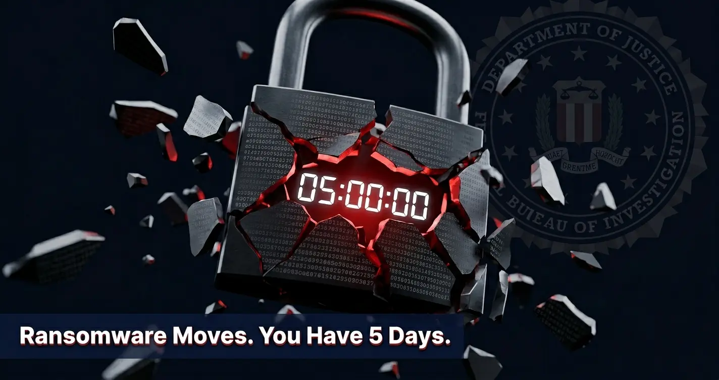Fractured digital padlock with ransomware code and 5-day countdown timer — FBI IC3 2026 ransomware prevention visual