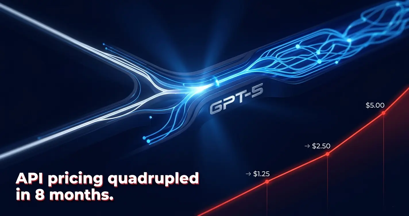 GPT-5 neural routing architecture showing dual processing pathways and OpenAI's API pricing escalation curve, 2025–2026