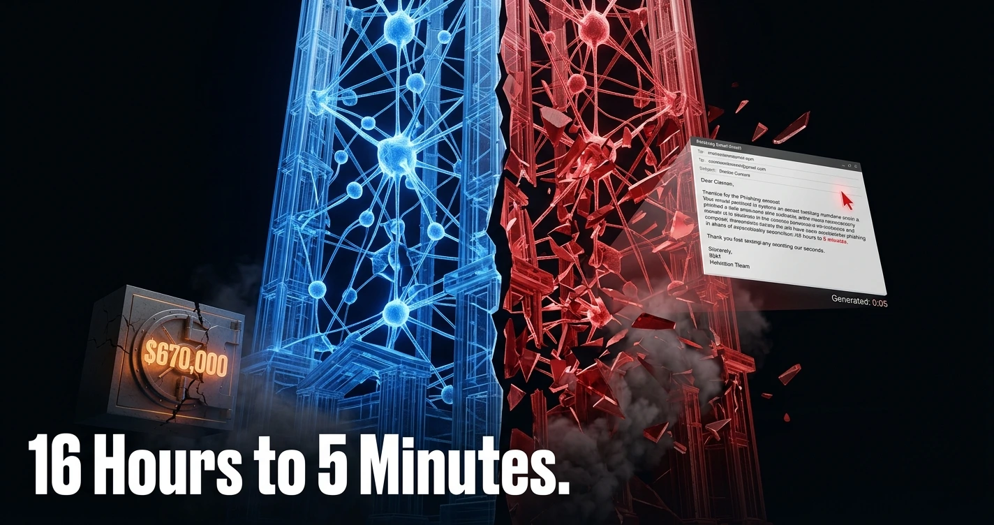 Split neural network visualization showing generative AI used simultaneously for cyberattack and defense, IBM breach data overlay