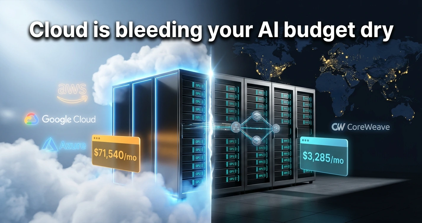 Split server rack visualization comparing cloud vs on-premises AI infrastructure costs, showing hybrid cloud workload placement decision framework for enterprises.