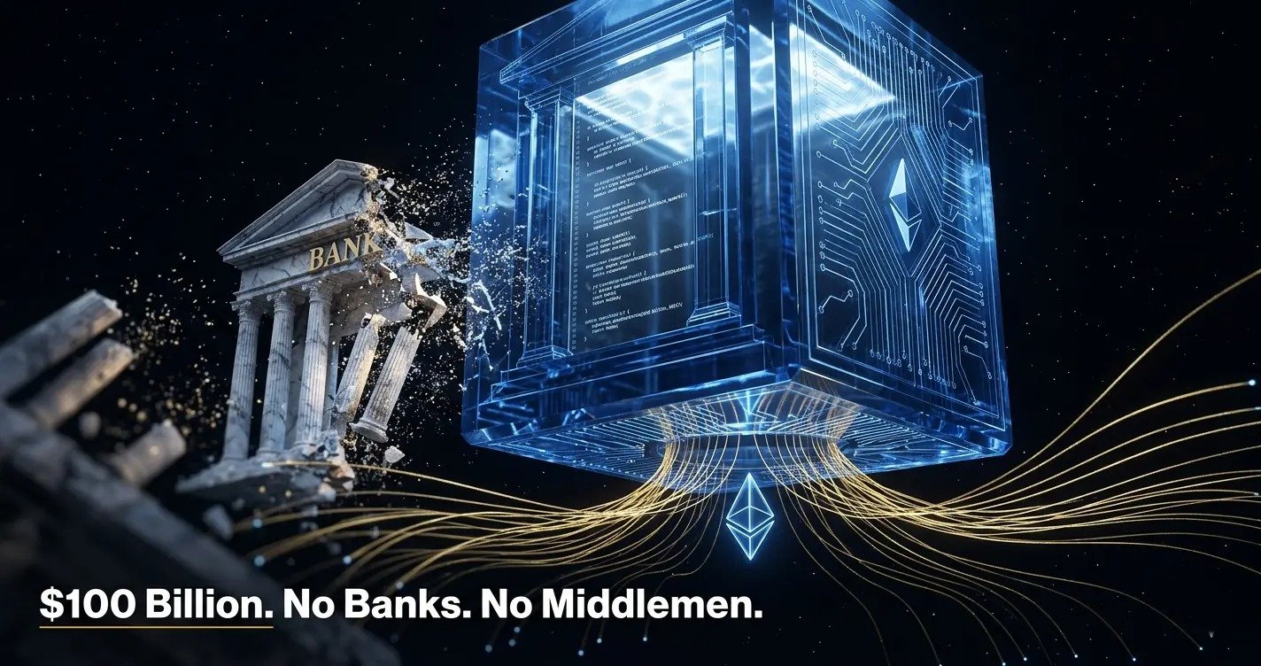 Ethereum smart contract structure replacing a crumbling bank, with gold data streams and DeFi protocol connections glowing in deep space