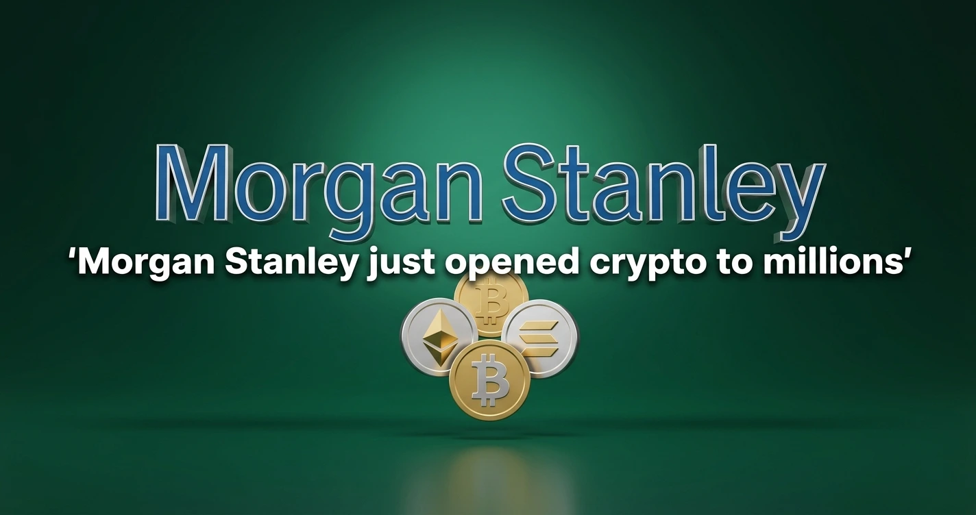 Morgan Stanley logo above gold Bitcoin, Ethereum and Solana coins on a deep emerald background for E*Trade crypto trading launch 2026