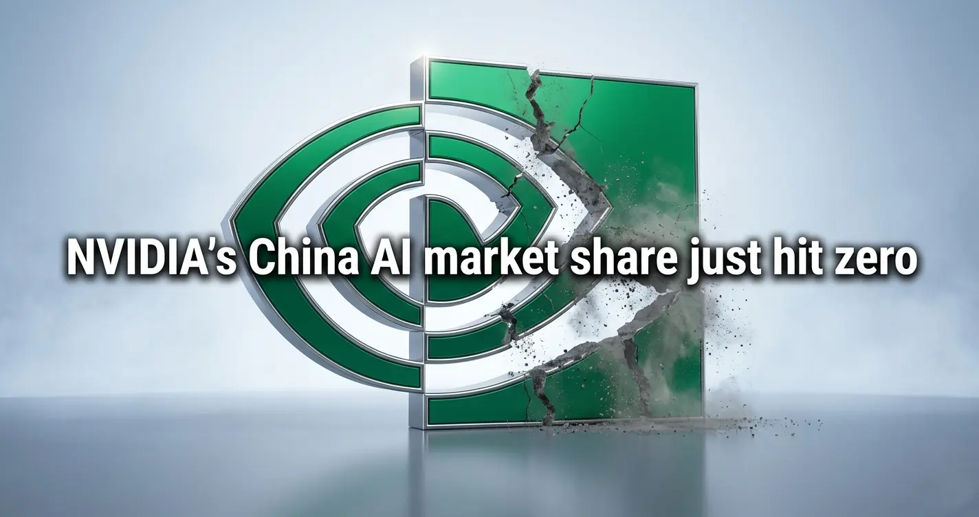 A 3D render of a fractured NVIDIA logo representing the company's 0% market share in China amidst 2026 export controls.
