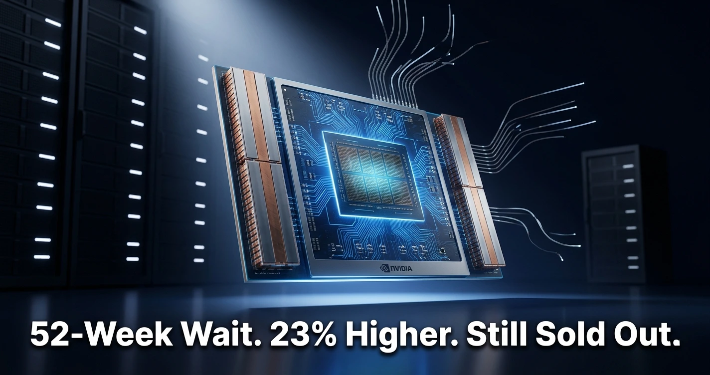 NVIDIA Blackwell GPU chip glowing electric blue against dark background, representing the 2026 AI GPU shortage and compute scarcity crisis.