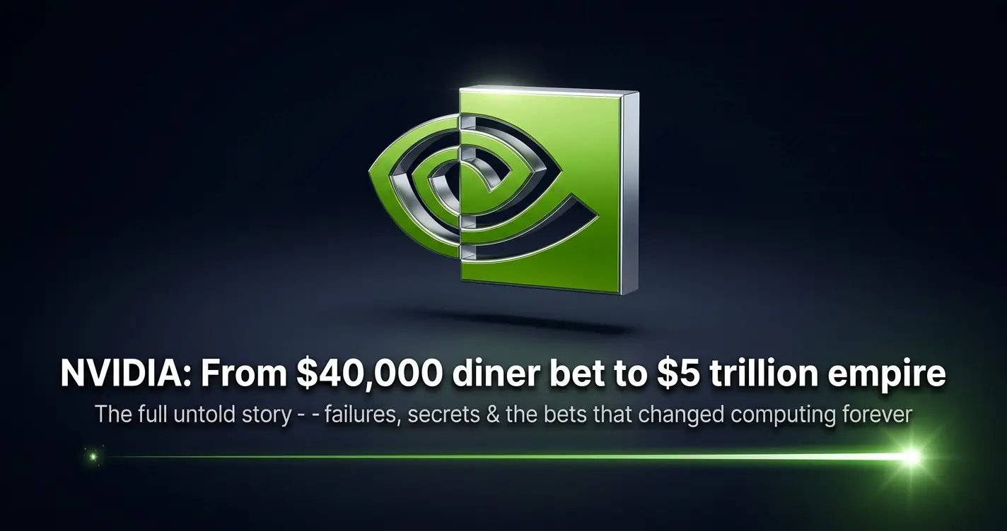 NVIDIA logo rendered in glowing 3D chrome and green light against a dark navy background, representing the company's journey from 1993 startup to $5 trillion AI powerhouse.