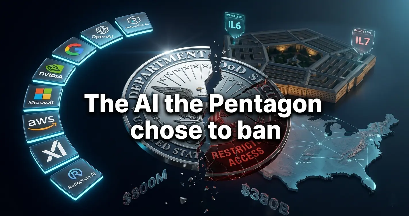 Fractured DoD security seal showing 7 accepted Pentagon AI deals and one cracked excluded Anthropic tile, Pentagon building in background