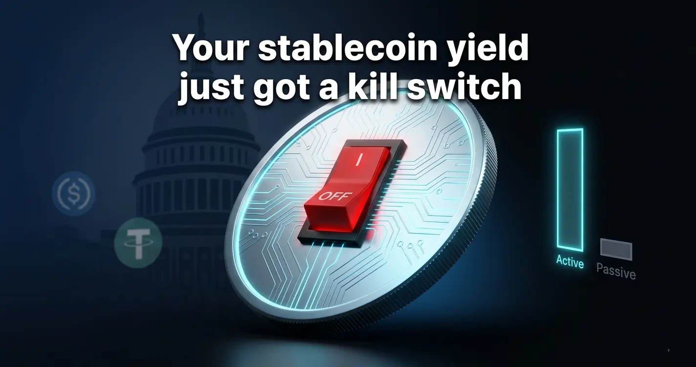 3D chrome dollar coin with red power switch mounted on face, glowing cyan circuit traces, Capitol dome silhouette in background
