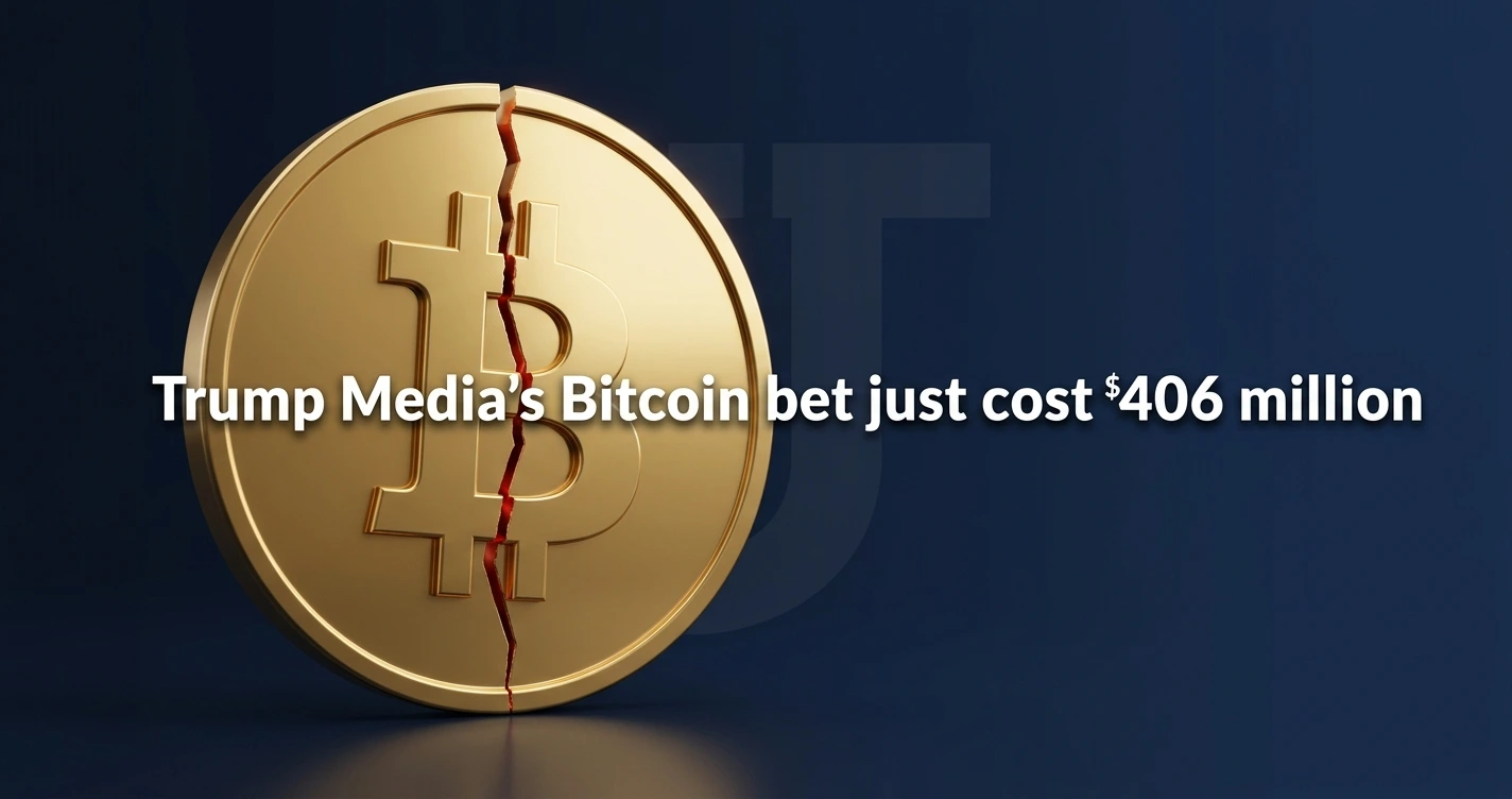 A cracked gold Bitcoin coin against a deep navy background symbolizing Trump Media's $406 million unrealized crypto treasury loss in Q1 2026.