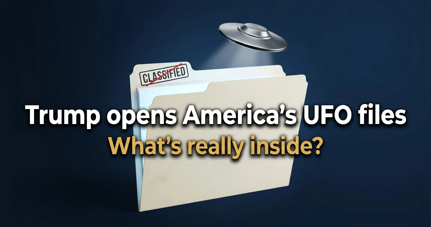 Declassified UFO folder glowing open with metallic UFO disc hovering above, representing Trump's 2026 PURSUE UAP file release