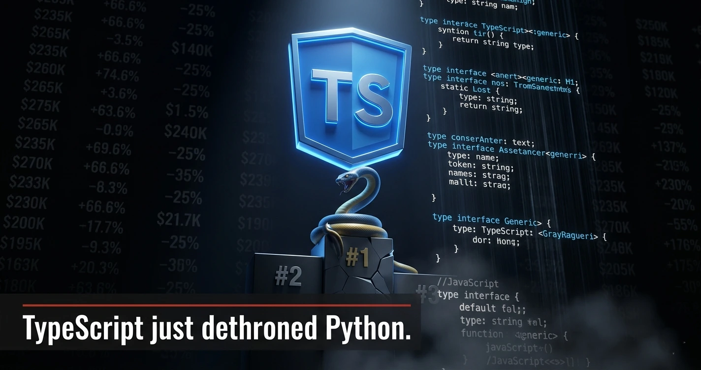 TypeScript shield overtaking Python as GitHub's most contributed language in 2026, with cascading code and salary data overlaid