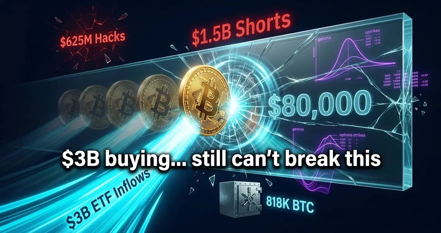 Bitcoin hitting $80K resistance wall with cracks, ETF flows pushing upward in a dramatic 3D market visualization