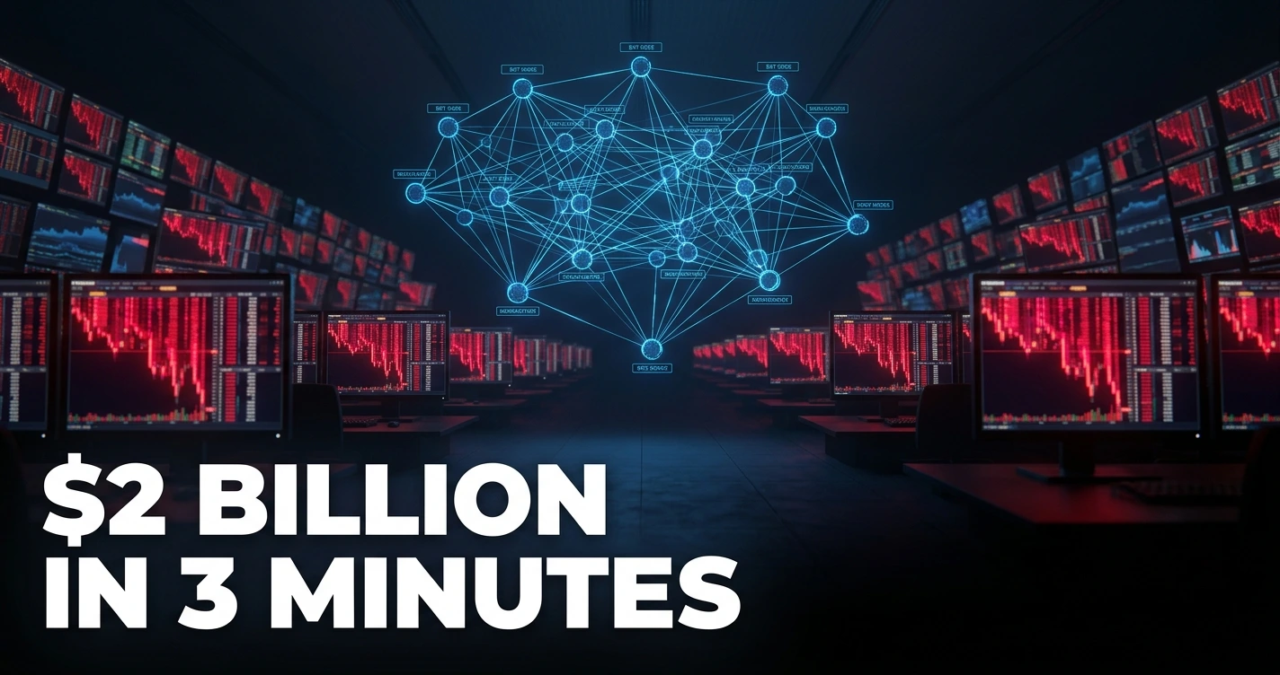 Cascading AI crypto trading bot sell orders triggering $15.7B in Q1 2026 liquidations across dark crypto exchange screens