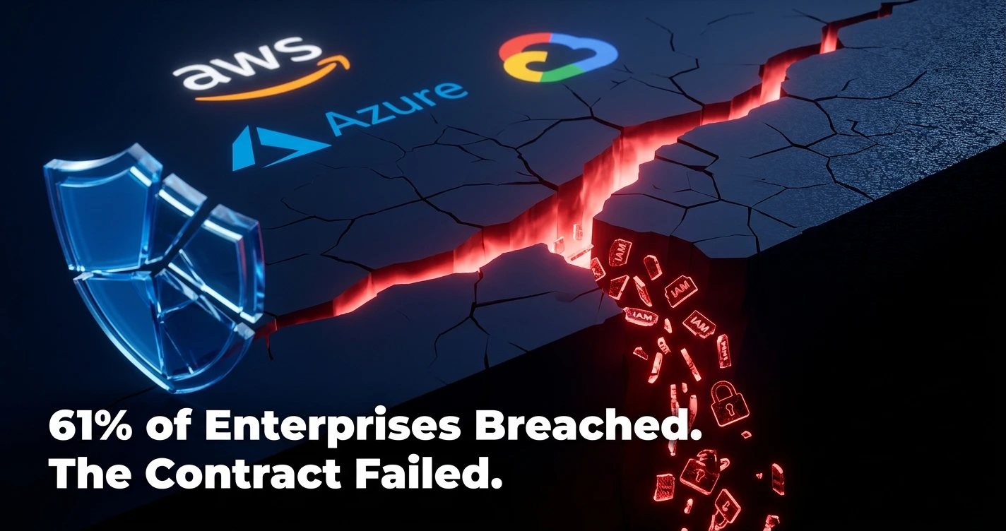 AWS, Azure, and Google Cloud shared responsibility model security gap visualization showing 61% enterprise breach rate in 2024