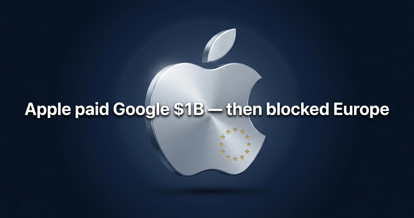 Apple logo with EU gold stars representing the Siri AI Digital Markets Act standoff blocking 450 million European iPhone users in 2026