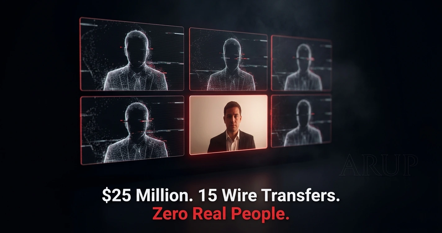 Illustration of the Arup deepfake CEO fraud case showing AI-generated executives used in a $25 million wire transfer scam.