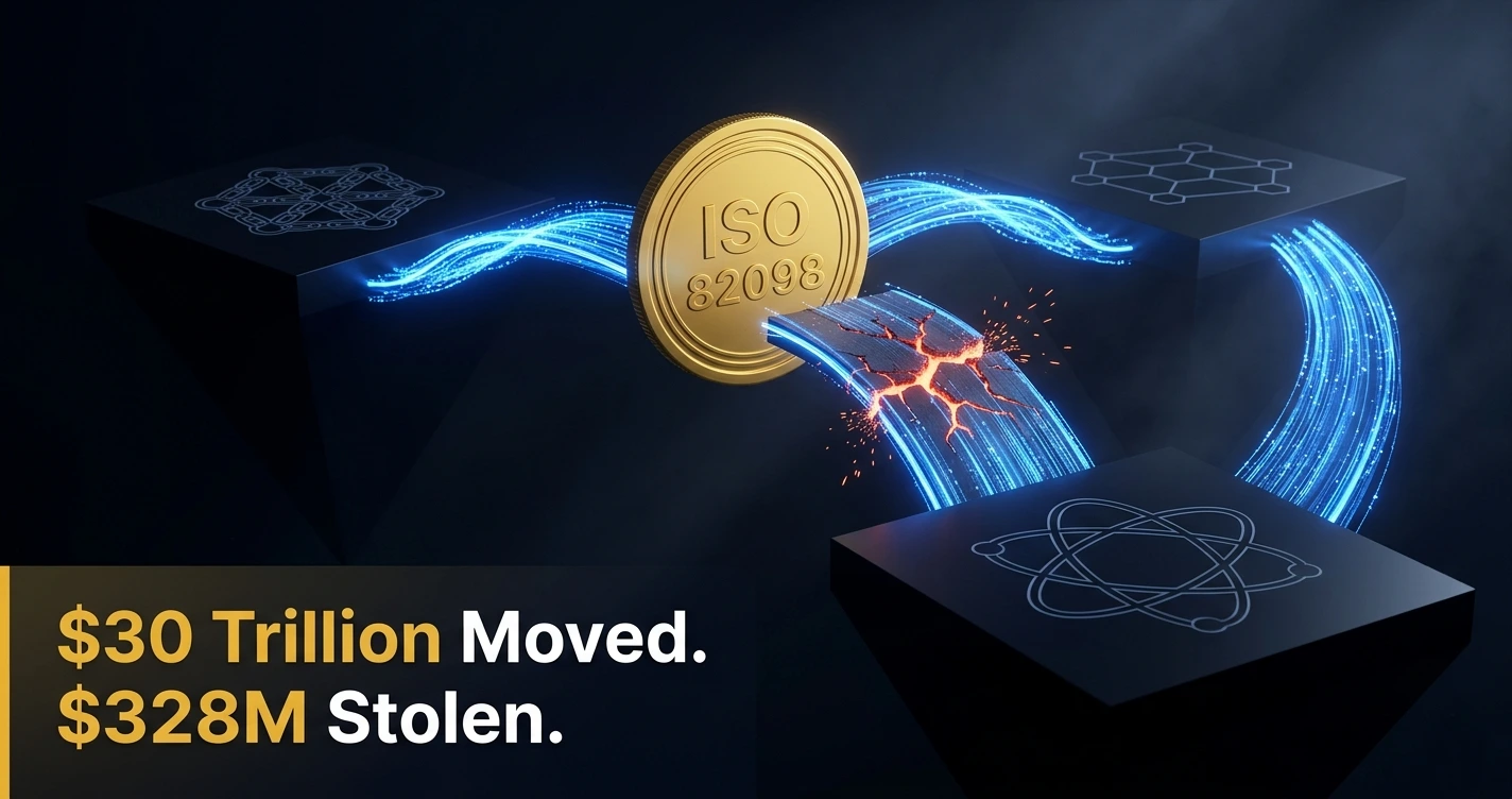 Futuristic illustration of Chainlink CCIP and ISO 82098 blockchain interoperability standards connecting networks in 2026