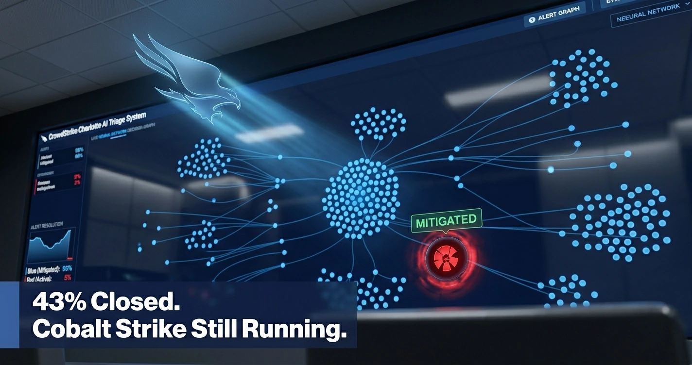CrowdStrike Charlotte AI SOC dashboard showing 43% alert automation rate with Cobalt Strike threat hidden in mitigated endpoint queue