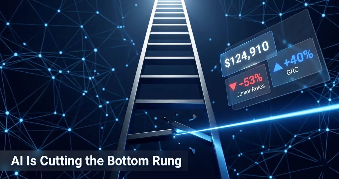 Career ladder with AI disruption visual showing cybersecurity analyst job market data including $124,910 median salary and 53% junior role decline in 2026