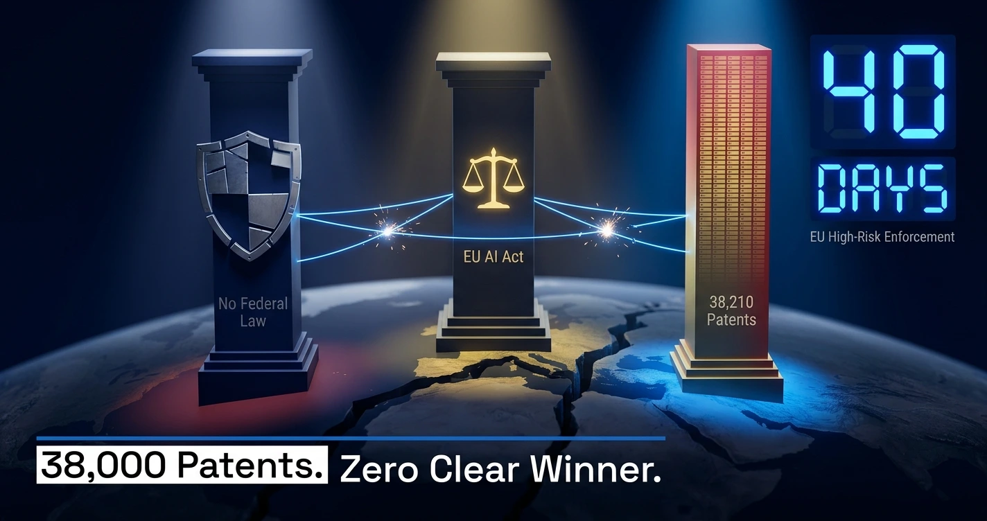 Comparison graphic showing EU AI Act enforcement, US deregulation strategy, and China's 38,210 AI patent dominance in the 2026 global AI regulation race
