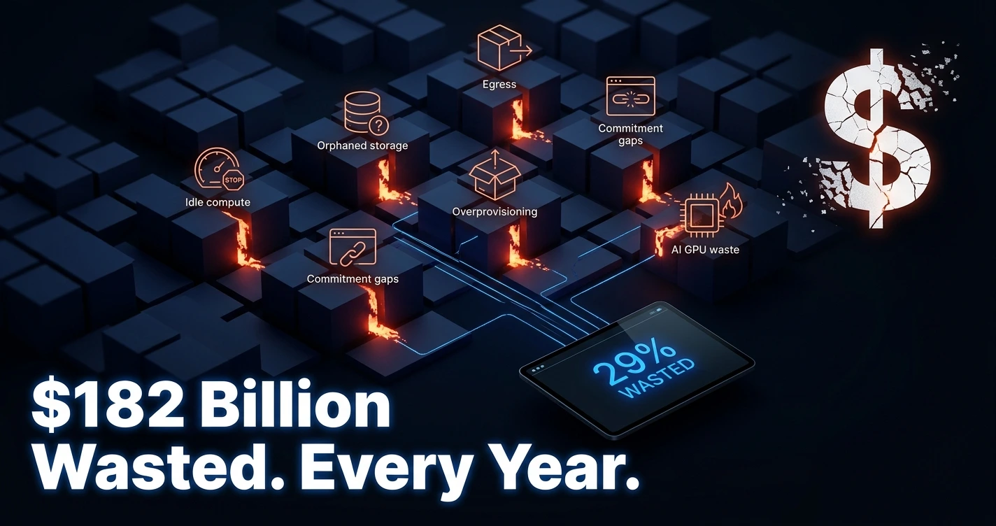 FinOps teams tracking enterprise cloud cost optimization in 2026, showing 29% waste rate across AWS, Azure, and GCP infrastructure budgets