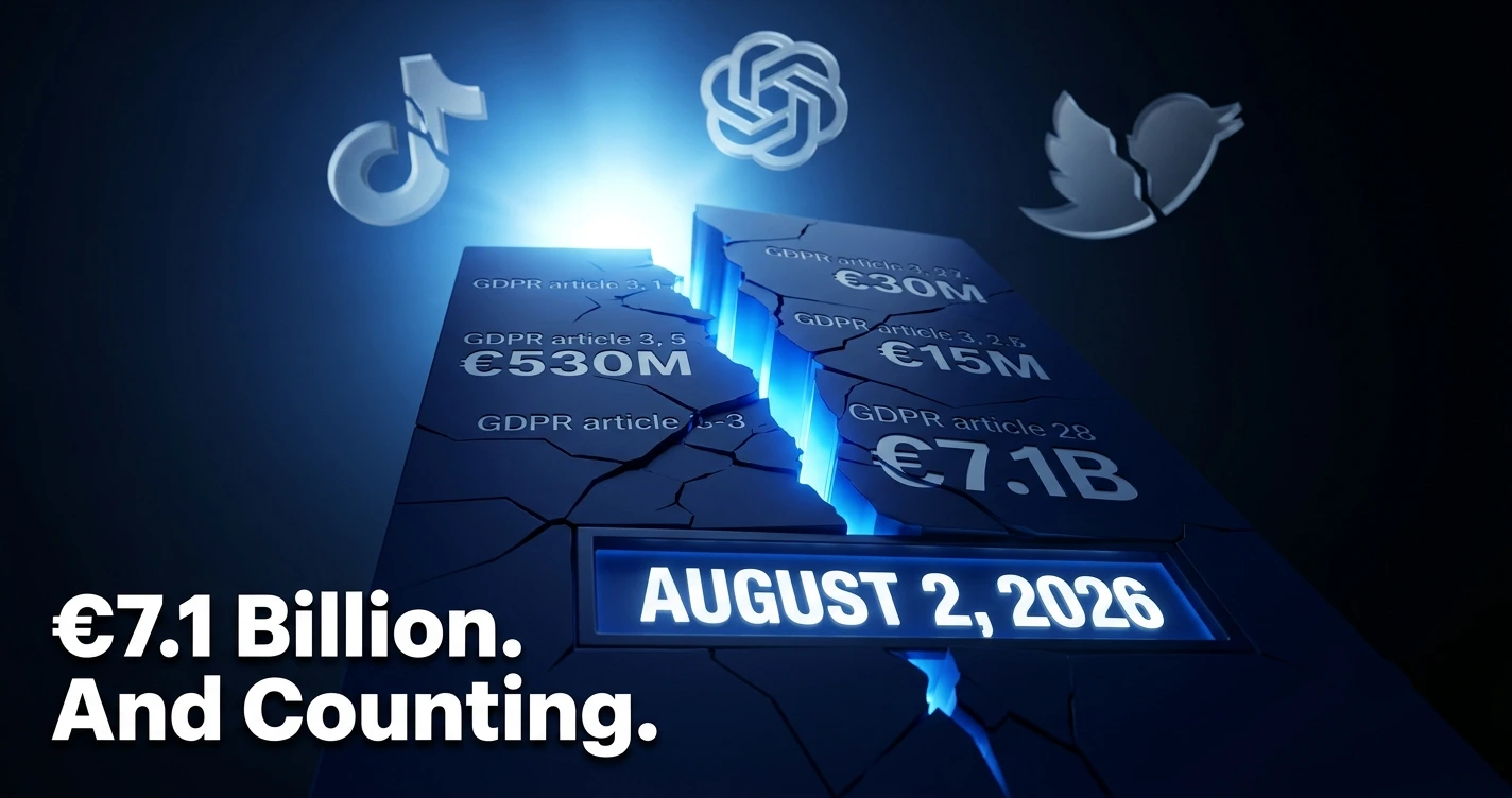 GDPR AI compliance 2026 enforcement dashboard showing €7.1 billion in cumulative fines, TikTok €530M penalty, and EU AI Act August 2 countdown