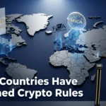 World map showing crypto regulation status by country in 2026, including GENIUS Act USA, EU MiCA deadline, UAE VARA, and China ban