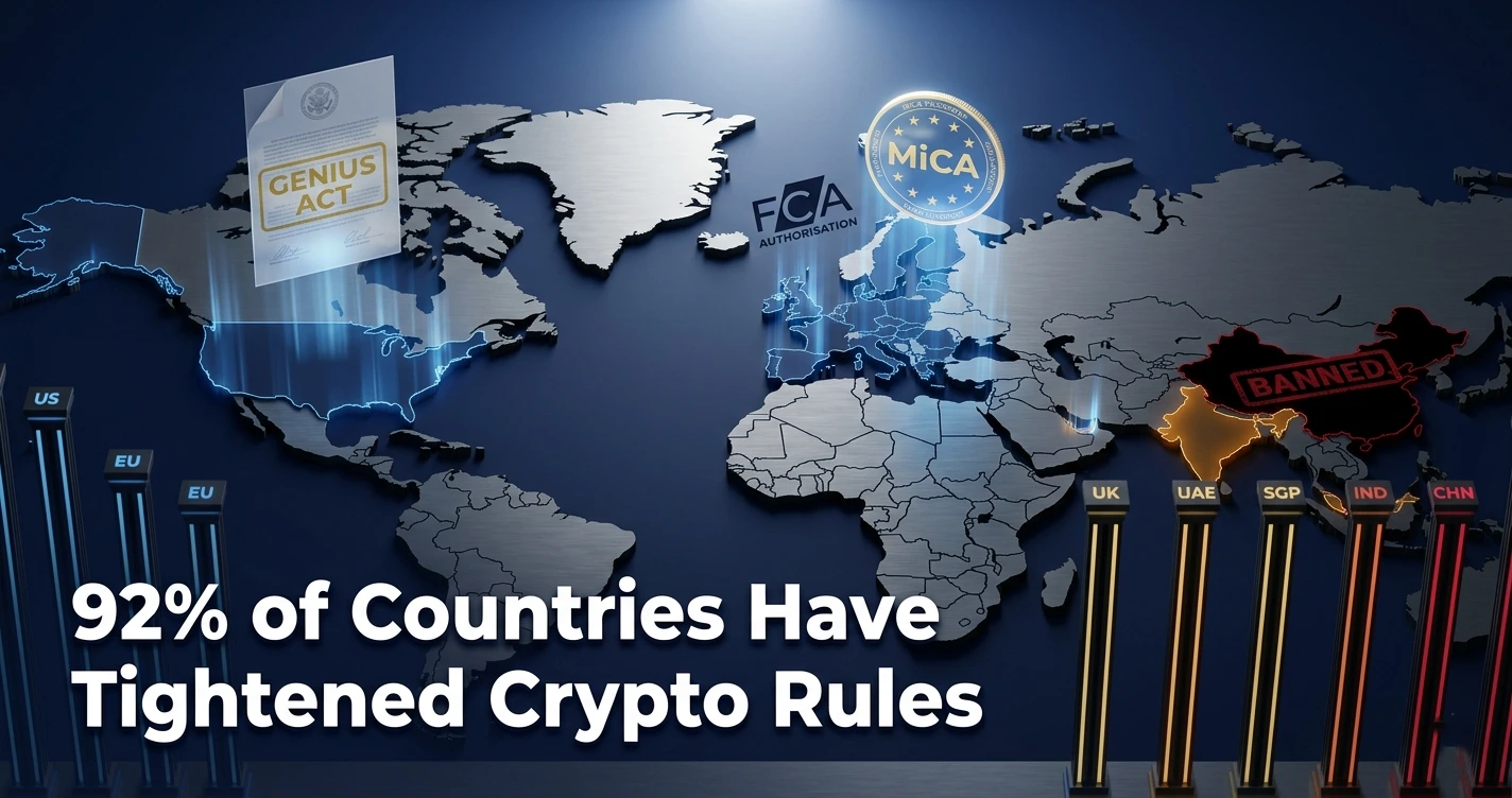 World map showing crypto regulation status by country in 2026, including GENIUS Act USA, EU MiCA deadline, UAE VARA, and China ban