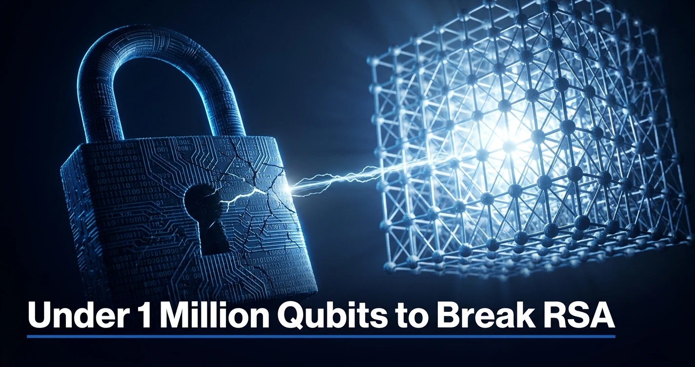 Conceptual image of Google quantum computing chip beside classical RSA encryption lock representing 2026 cybersecurity risk