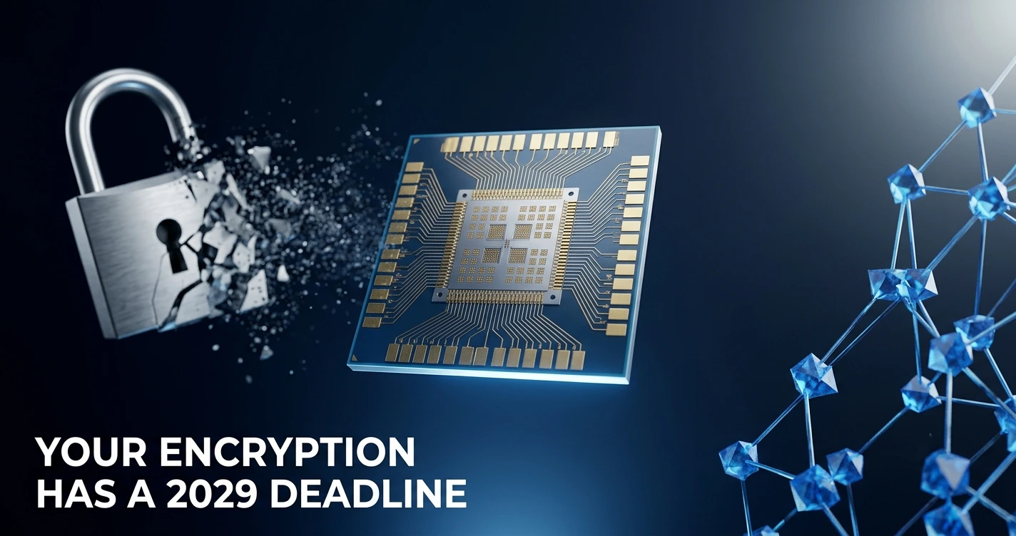 IBM quantum computer processor glowing with post-quantum cryptography migration timeline and NIST 2030 deadline warning overlay