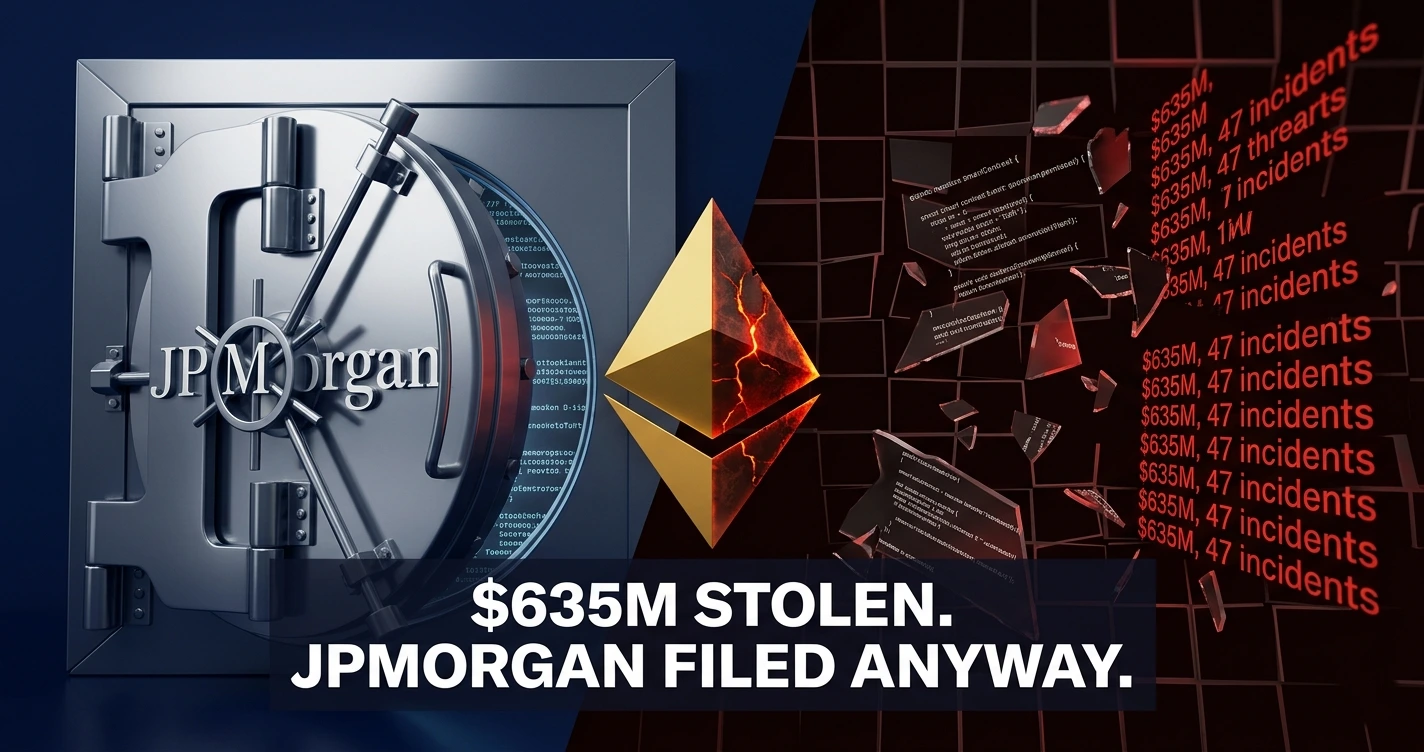 JPMorgan Ethereum filing and DeFi hack losses chart comparing decentralized finance risks versus traditional banking security in 2026